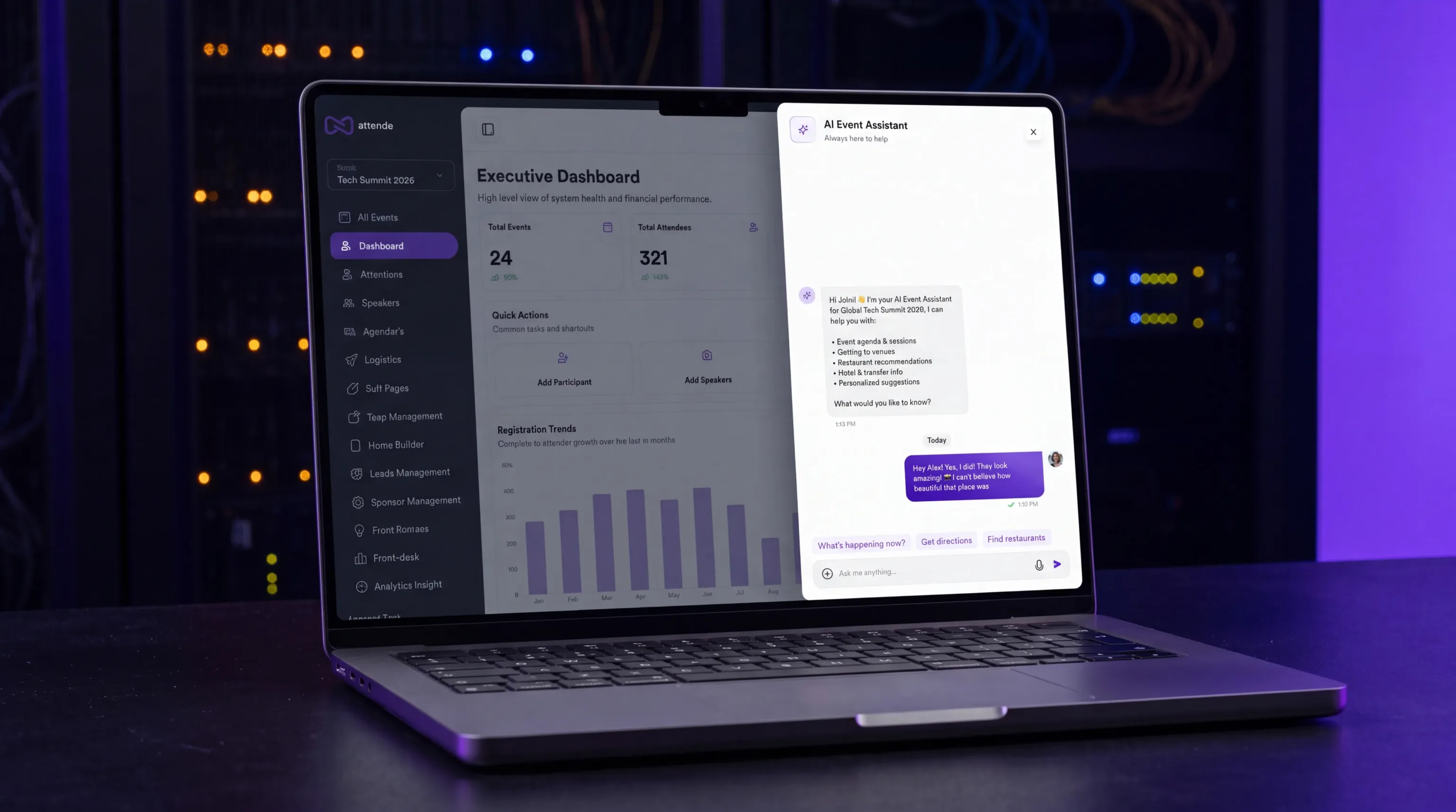 A laptop showing the AI event assistant in the Attendo admin dashboard