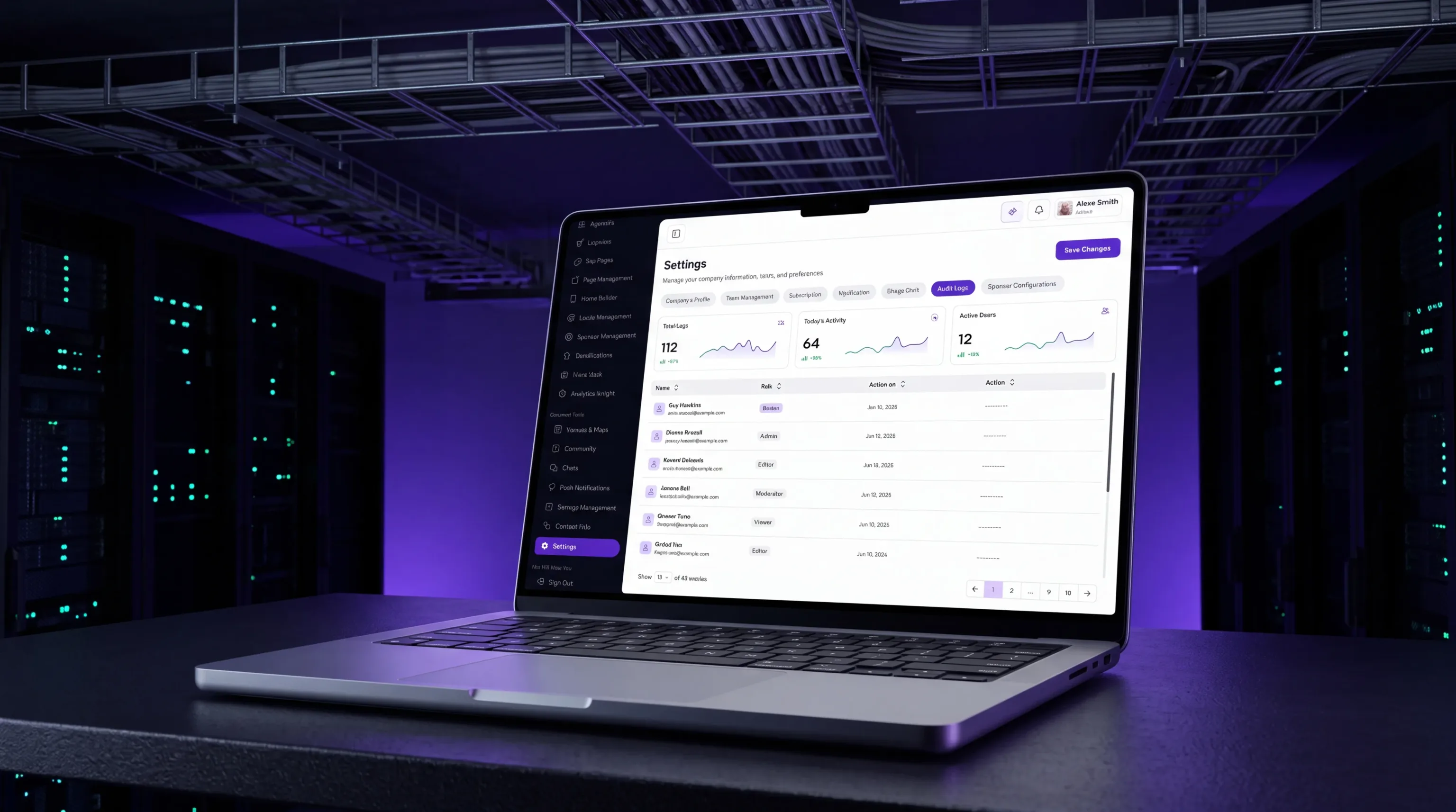 A laptop showing audit log activity in the Attendo admin dashboard