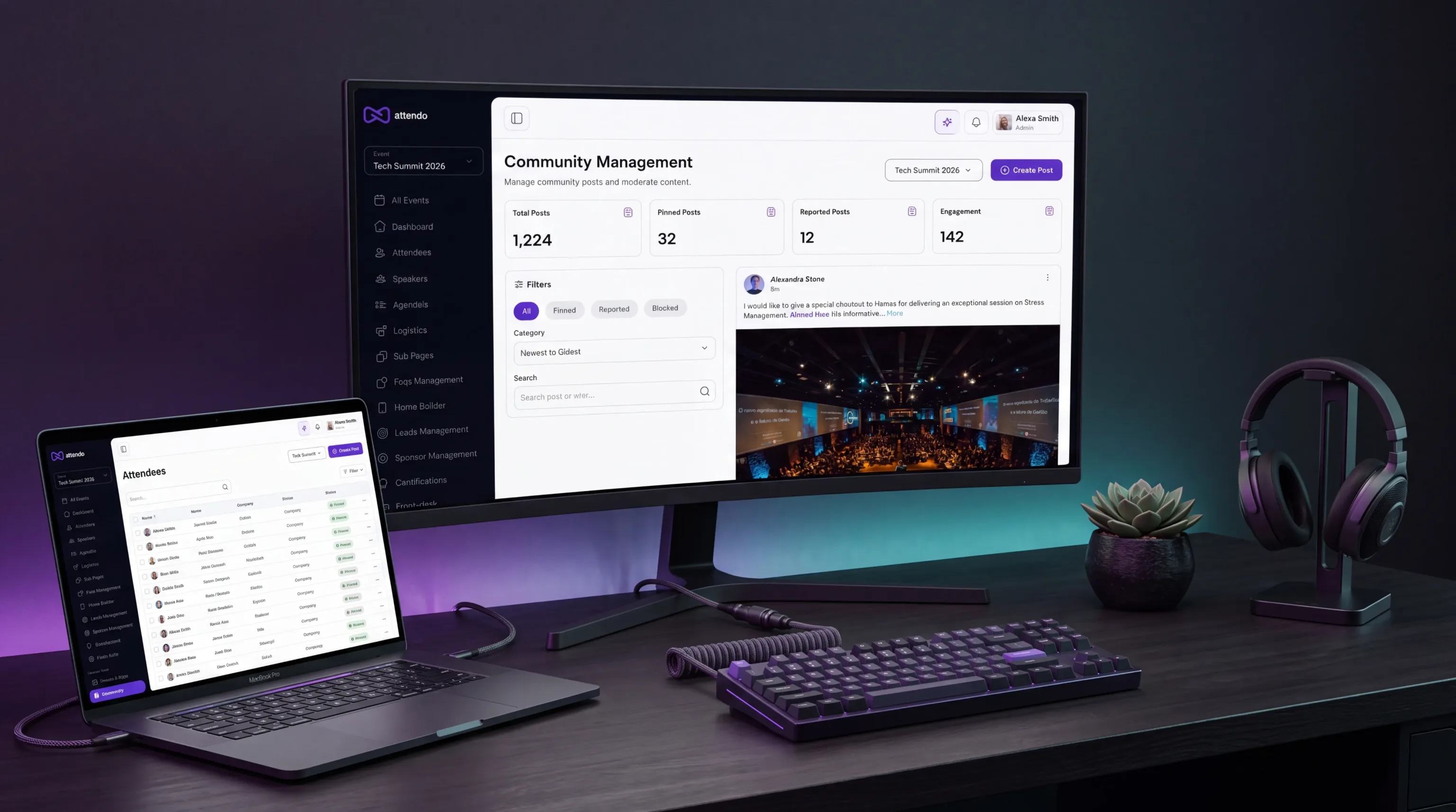 A laptop showing the moderated community feed in the Attendo admin dashboard