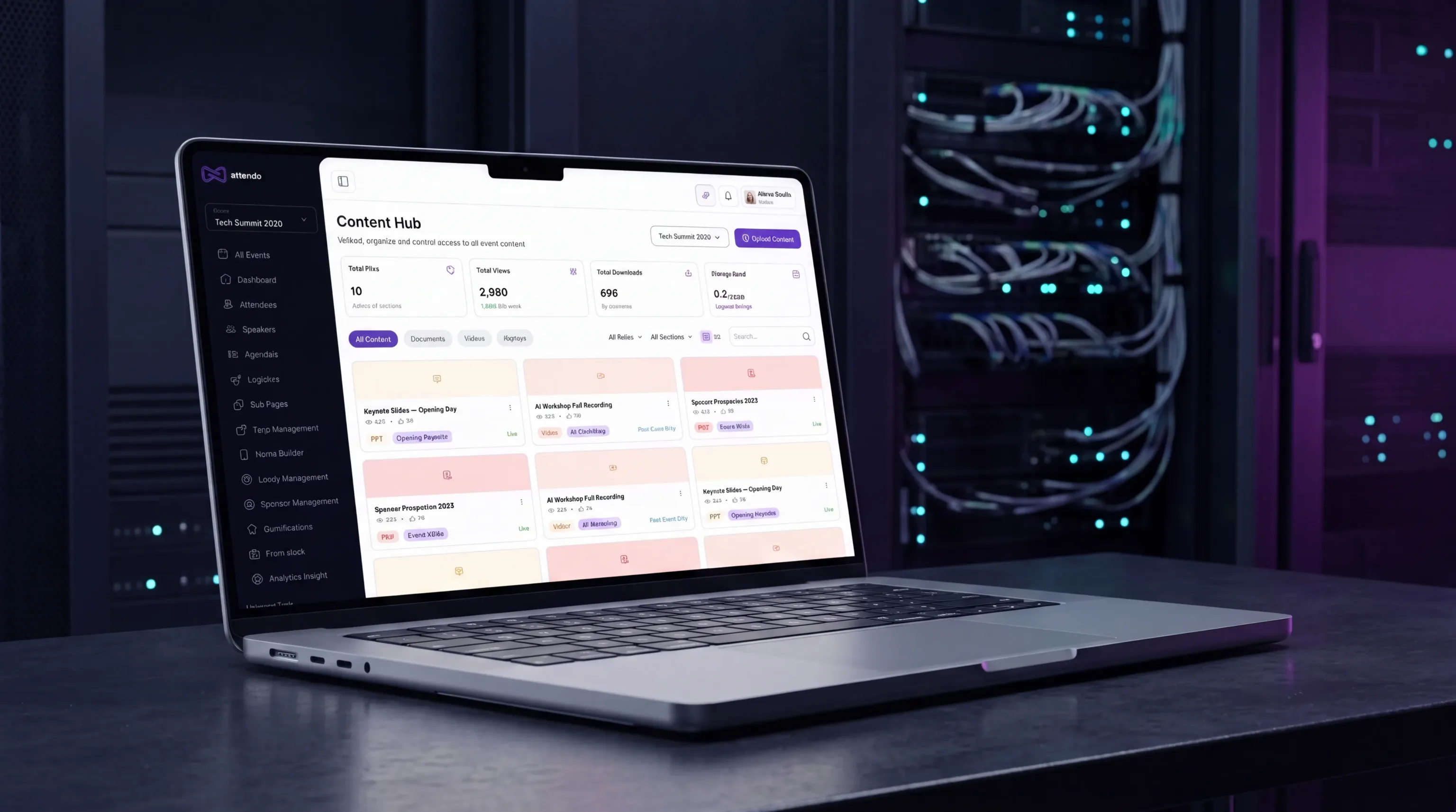 A laptop showing the content hub library in the Attendo admin dashboard