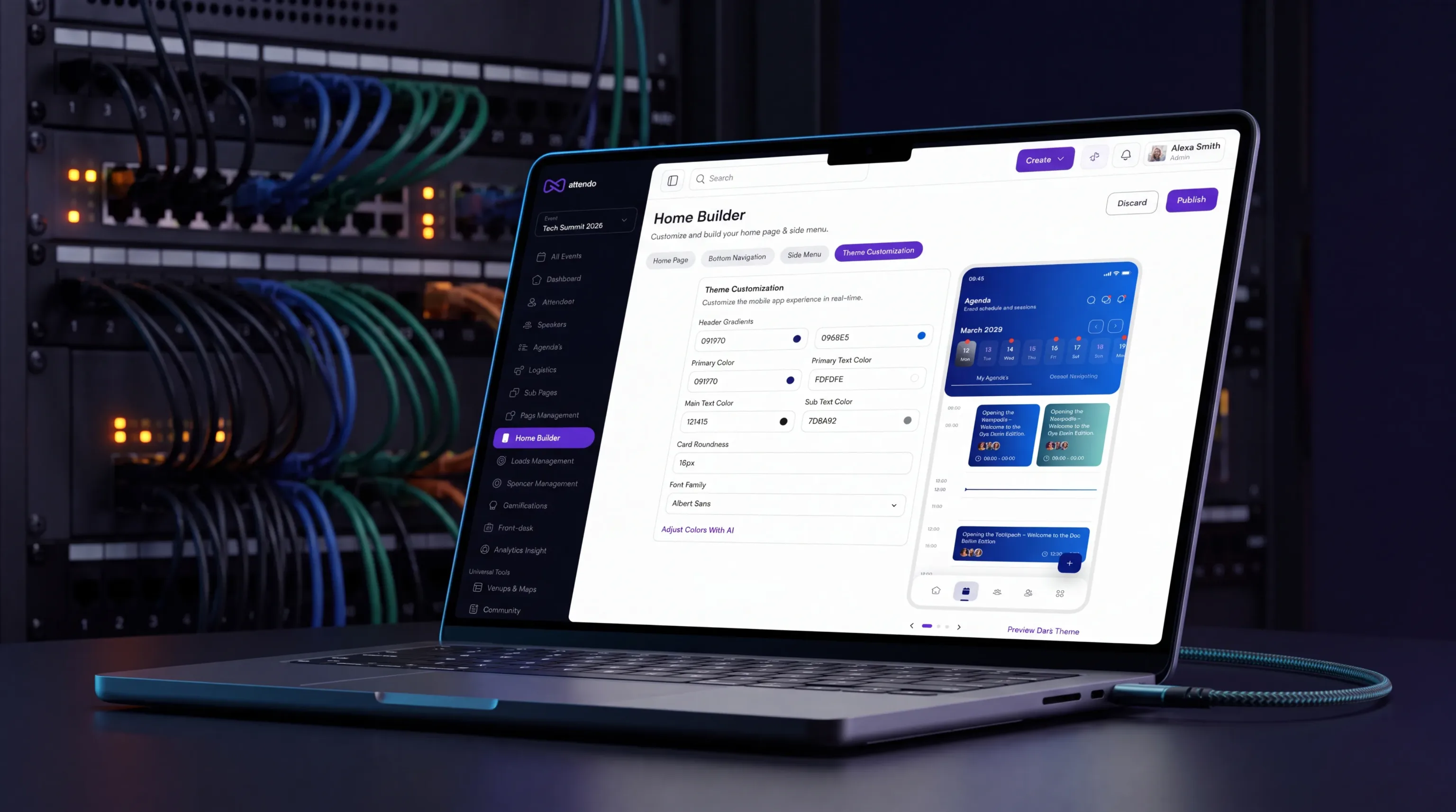 A laptop showing custom theme and branding controls in the Attendo admin dashboard