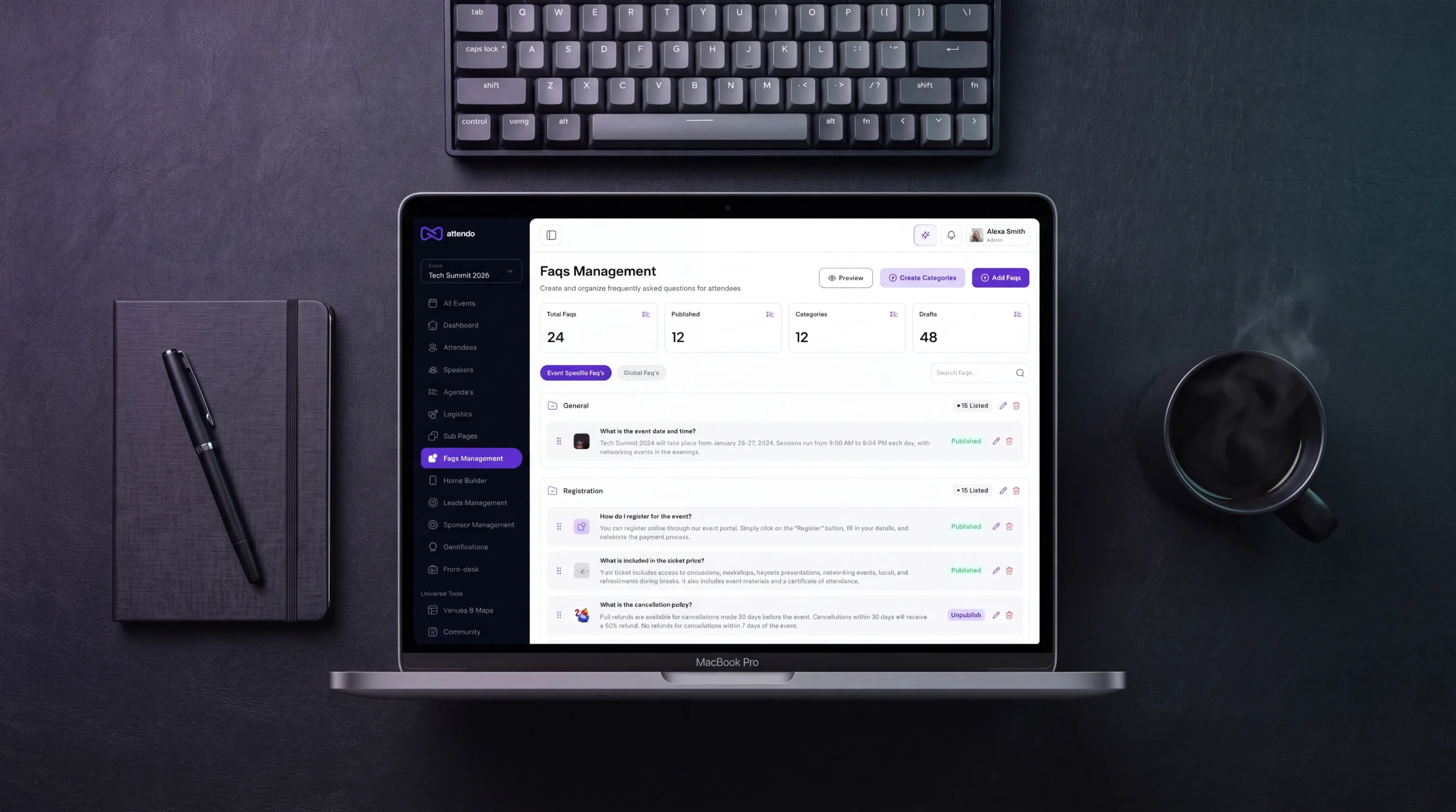 A laptop showing the searchable FAQ hub in the Attendo admin dashboard