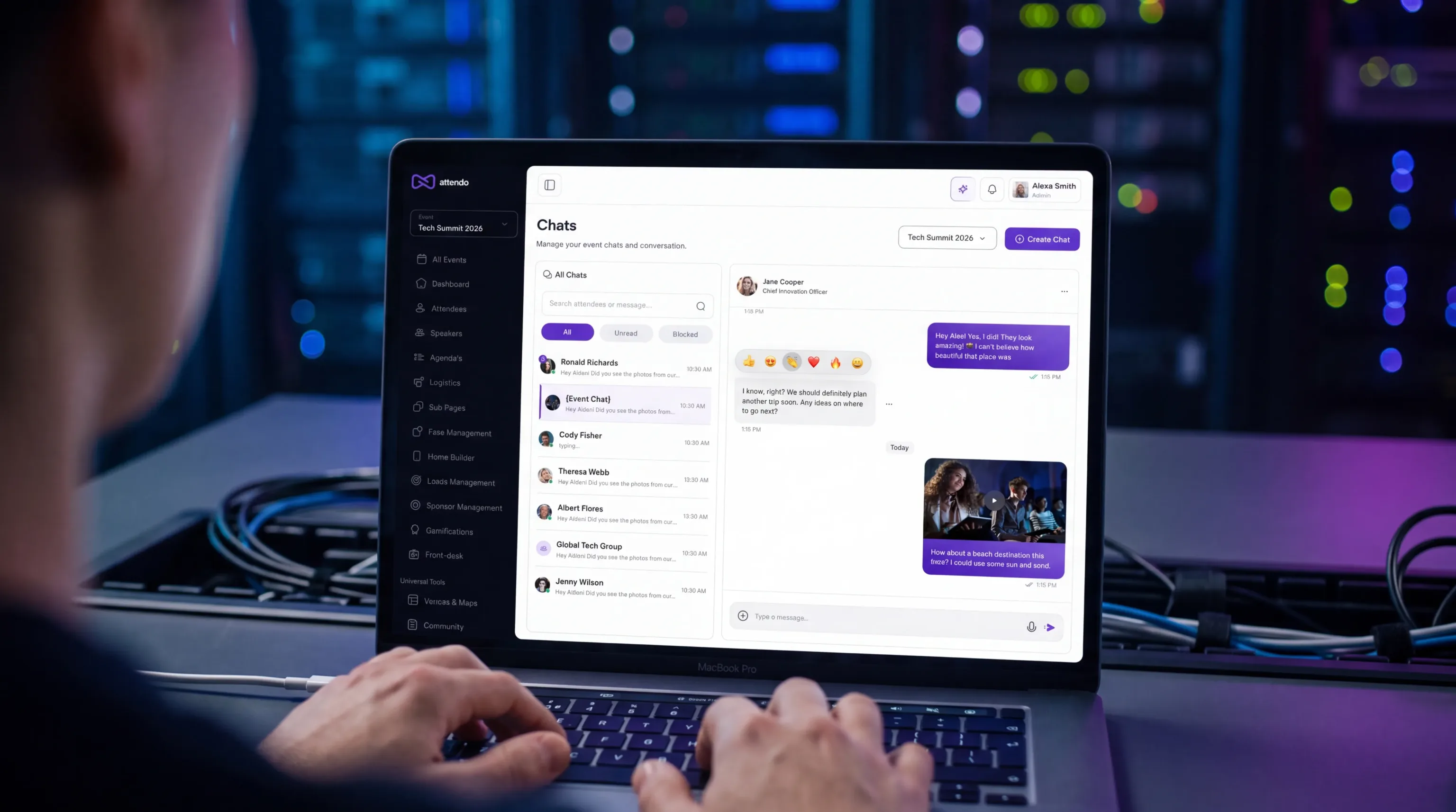 A laptop showing in-app chat management in the Attendo admin dashboard