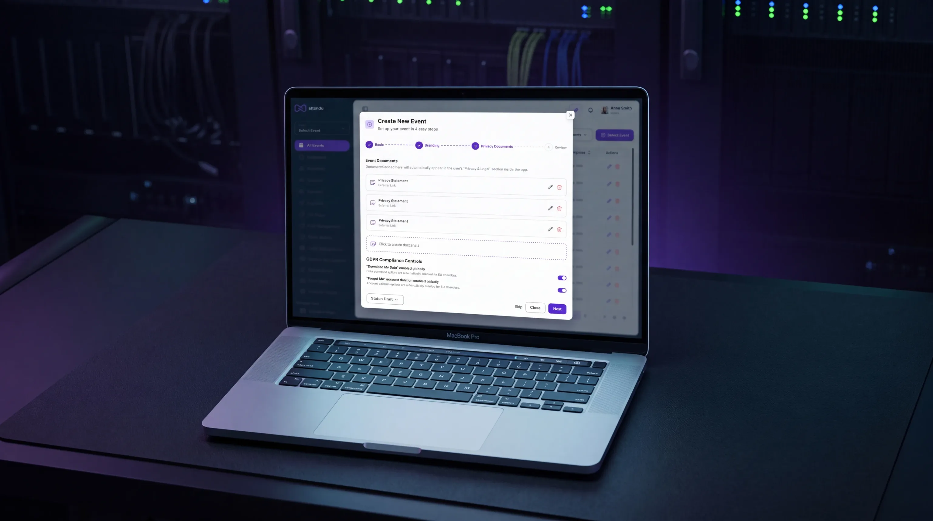 A laptop showing legal documents and consent workflows in the Attendo admin dashboard