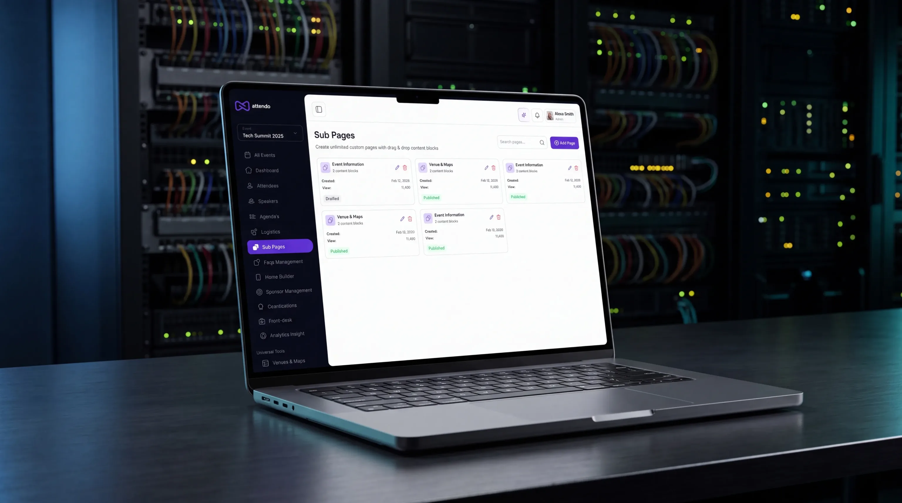 A laptop showing custom event sub-pages in the Attendo admin dashboard