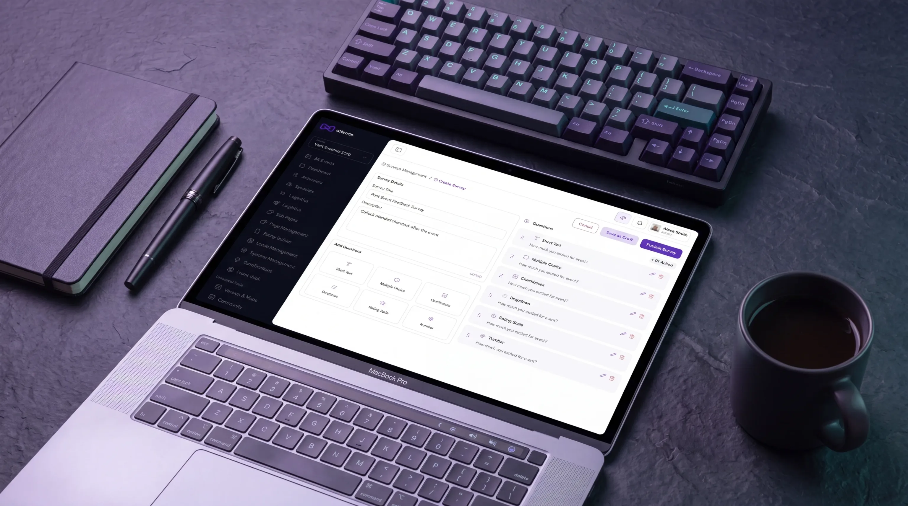 A laptop showing event survey results in the Attendo admin dashboard