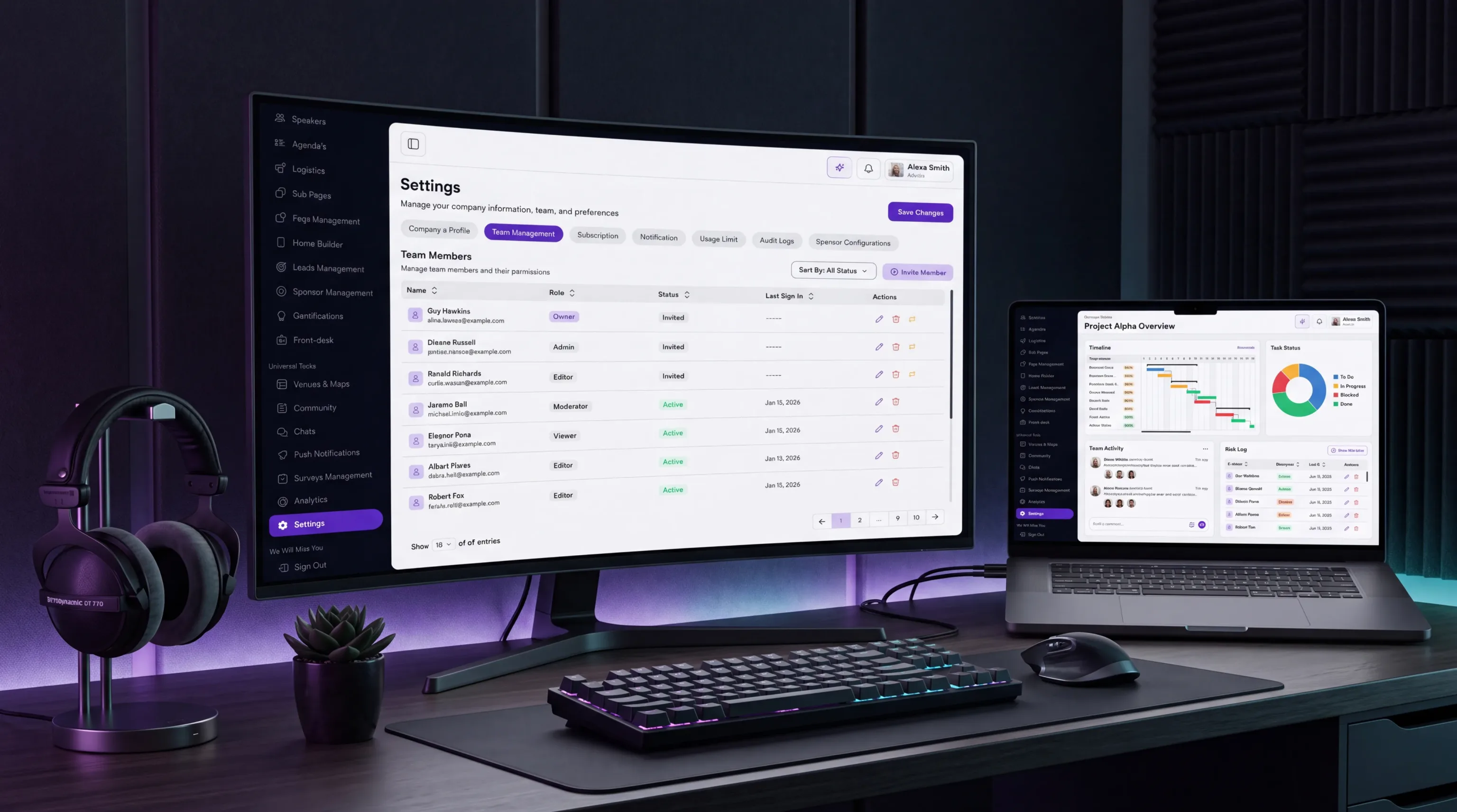 A laptop showing team roles and permissions in the Attendo admin dashboard