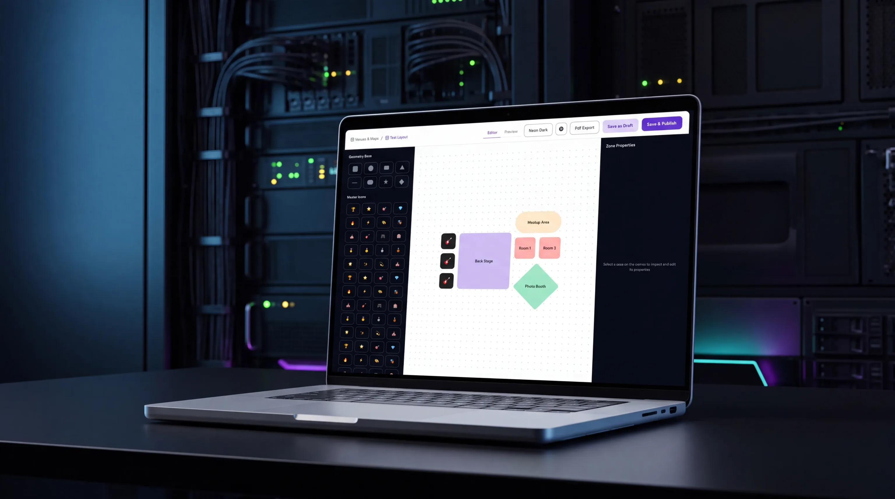 A laptop showing interactive venue maps in the Attendo admin dashboard