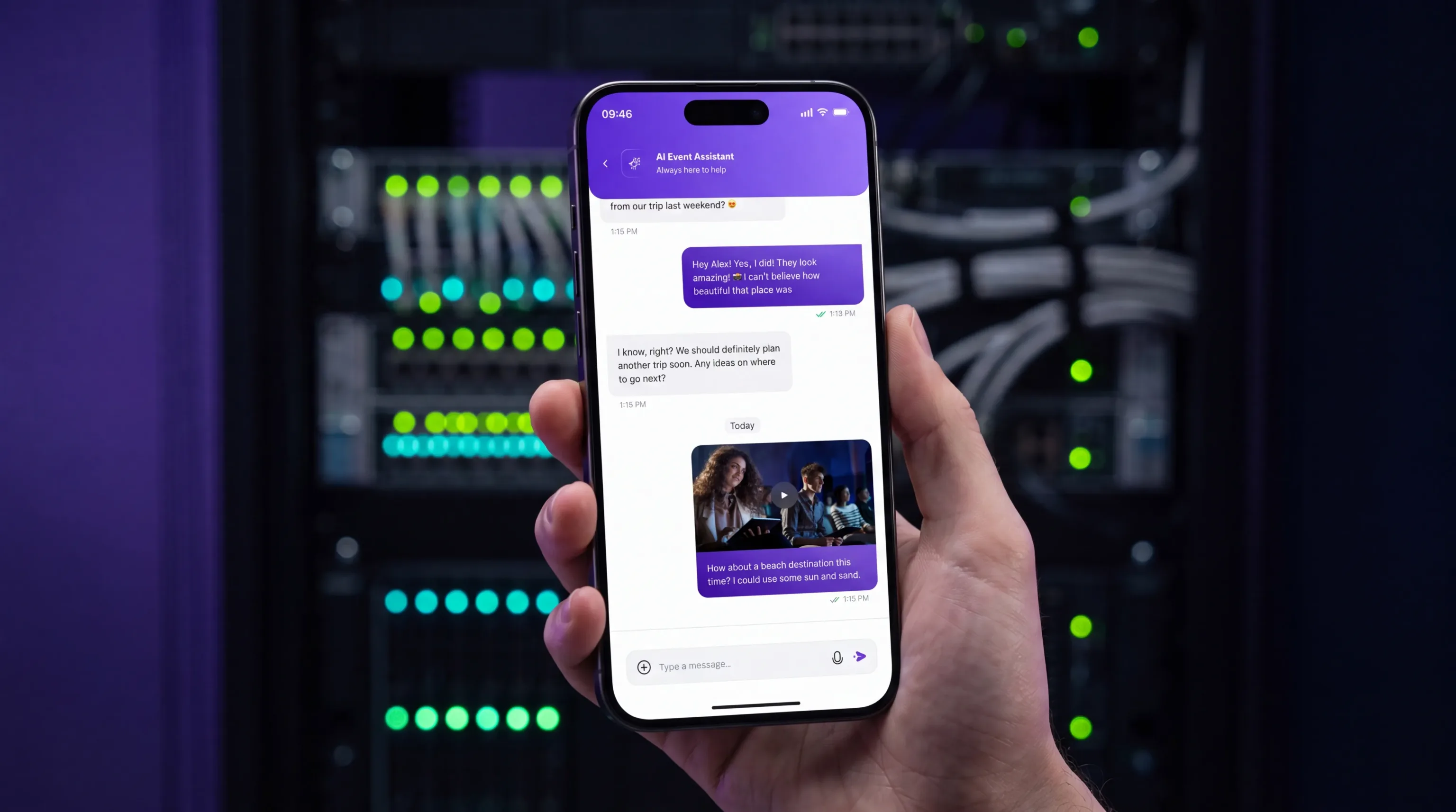 A phone showing the AI assistant chat in the Attendo attendee app