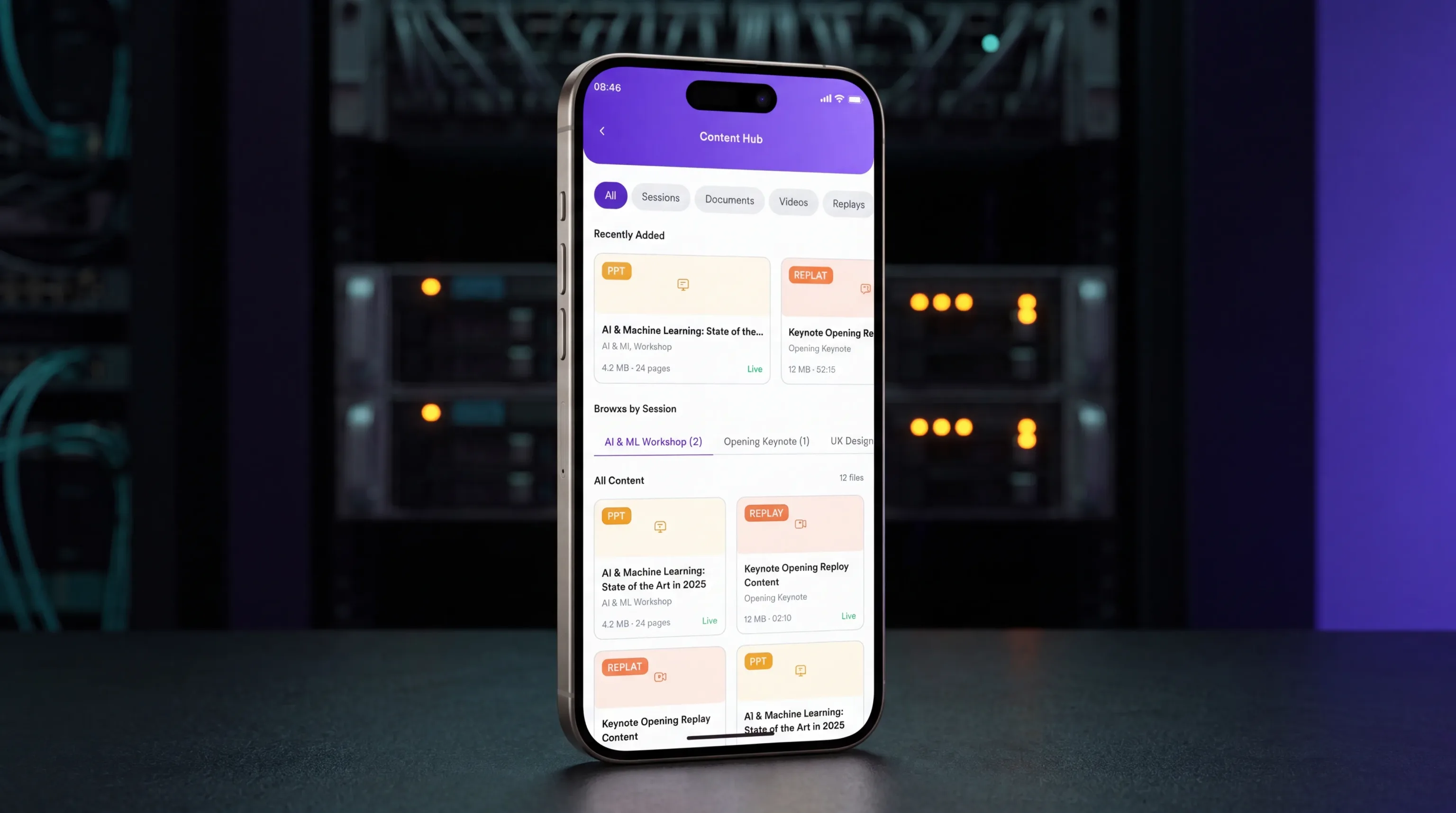 A phone showing the content hub in the Attendo attendee app