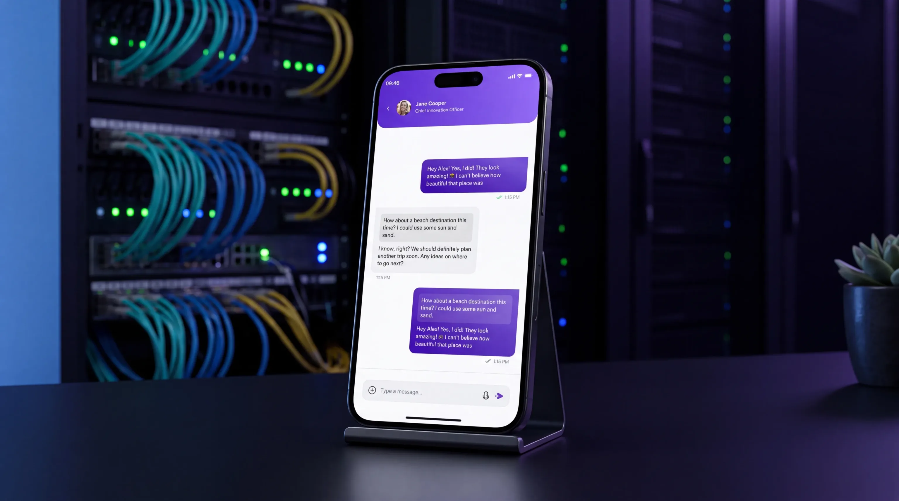 A phone showing in-app chat in the Attendo attendee app
