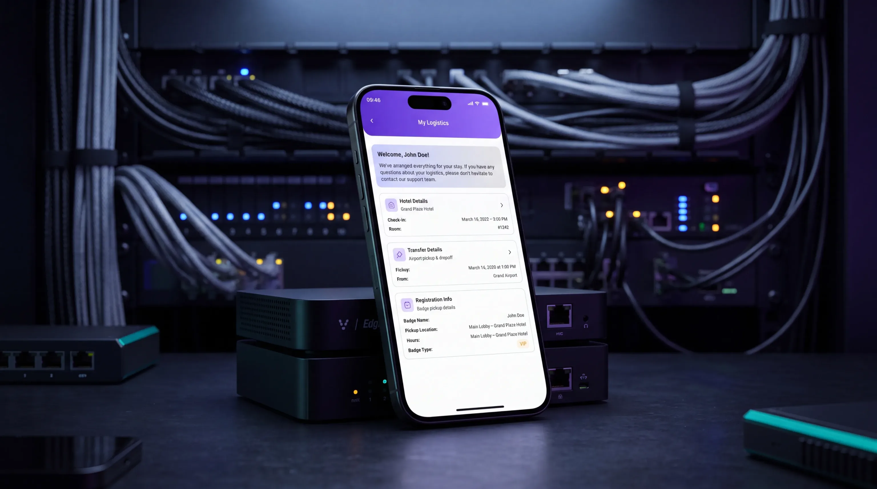 A phone showing personal logistics details in the Attendo attendee app