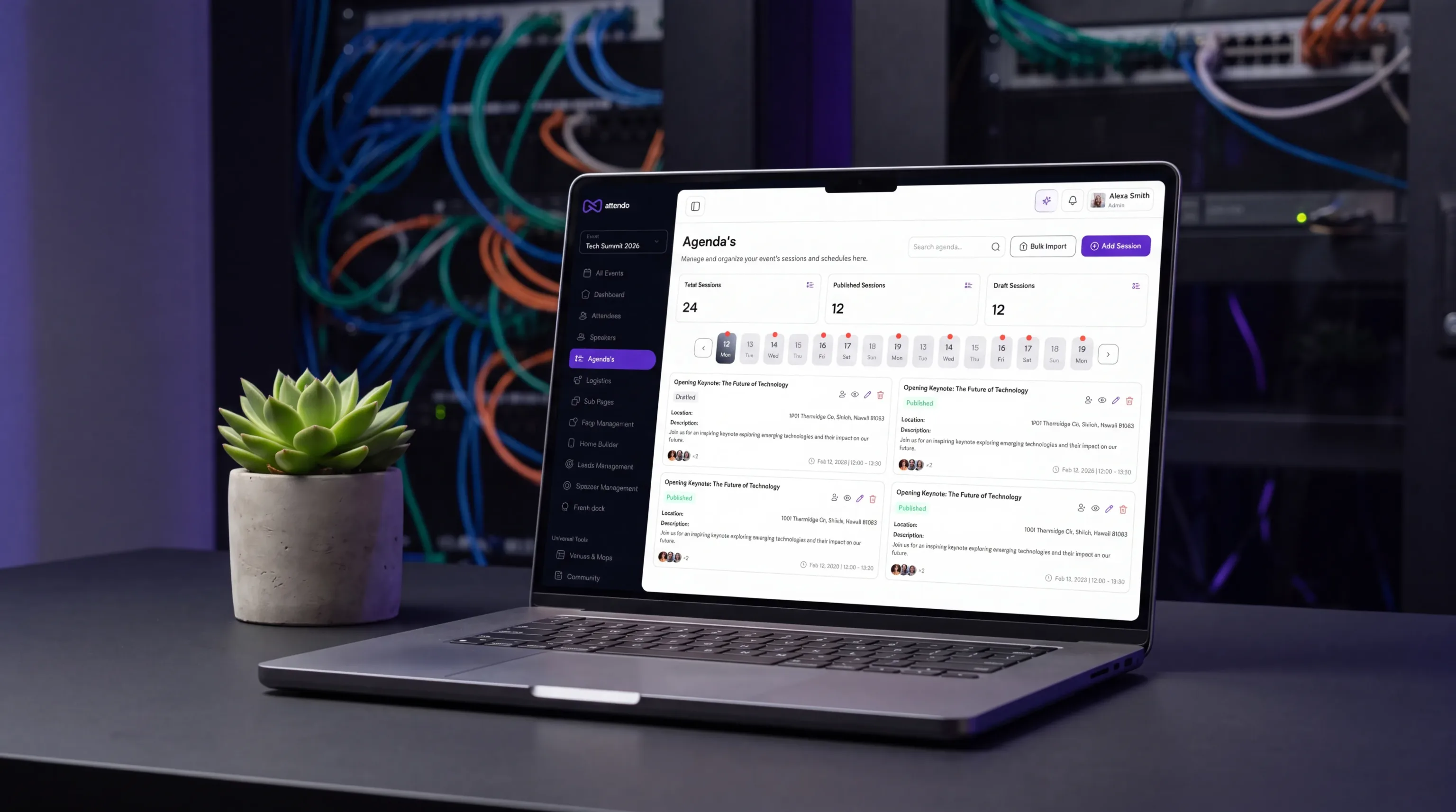 A laptop showing a multi-track Attendo agenda with sessions laid out by room and time