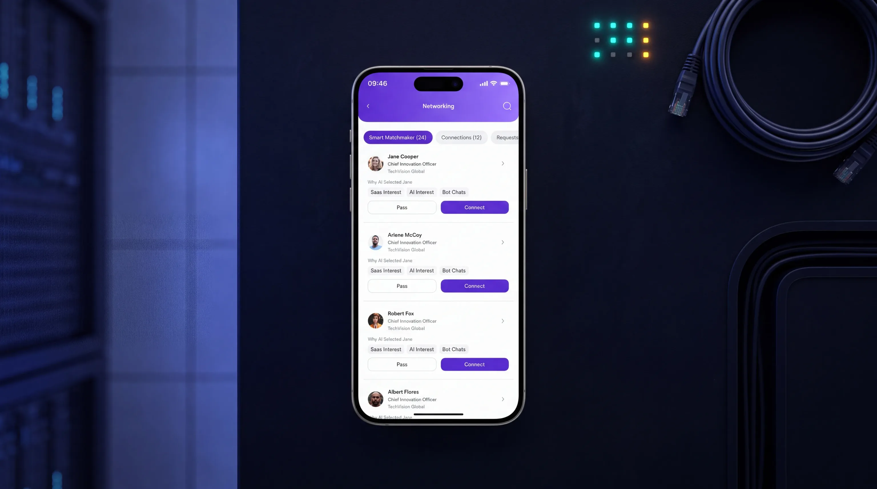 A phone showing Attendo networking with connection requests between attendees