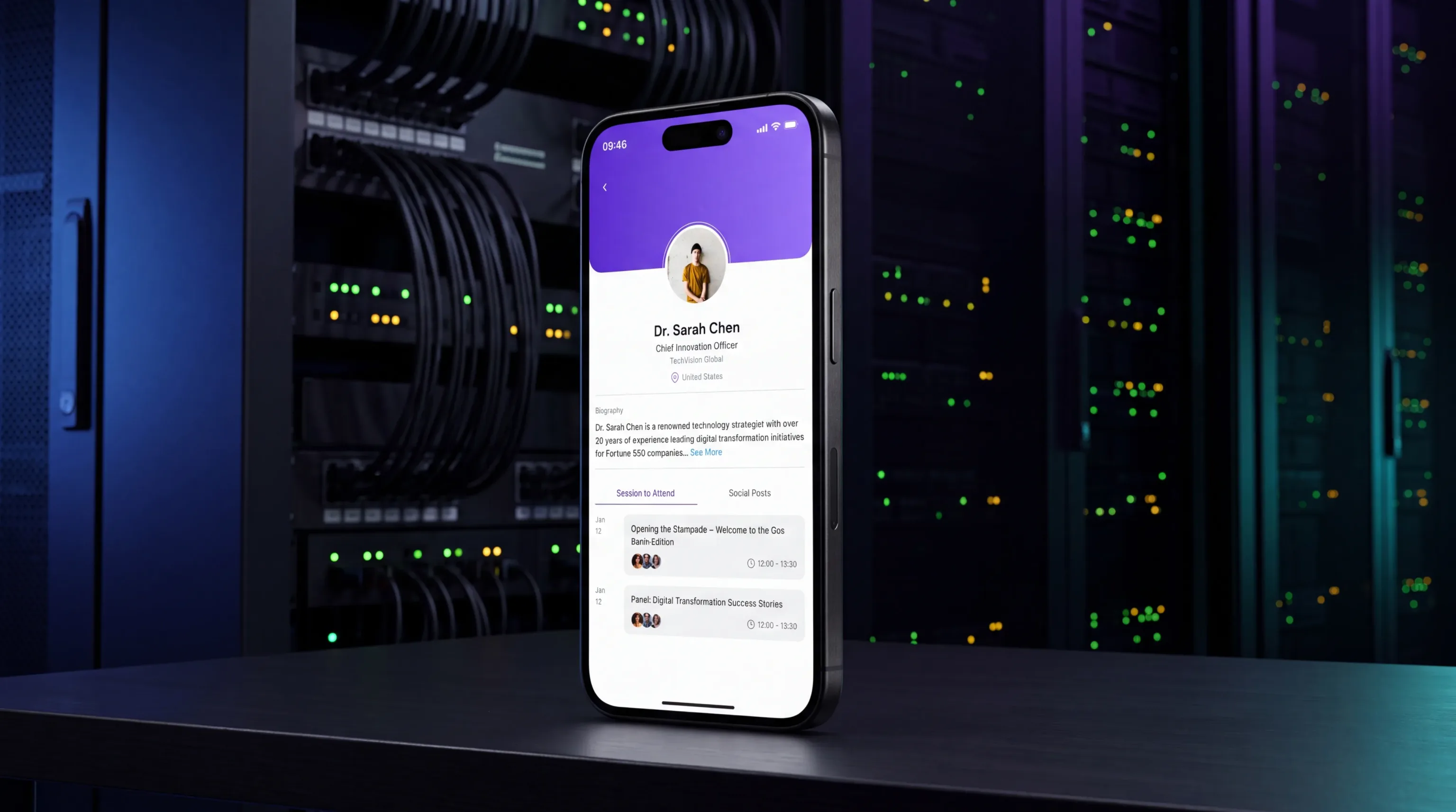 A phone showing Attendo speaker profiles with linked sessions
