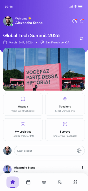 The Attendo attendee app home screen showing the event banner, a personalized agenda and quick links to speakers and logistics
